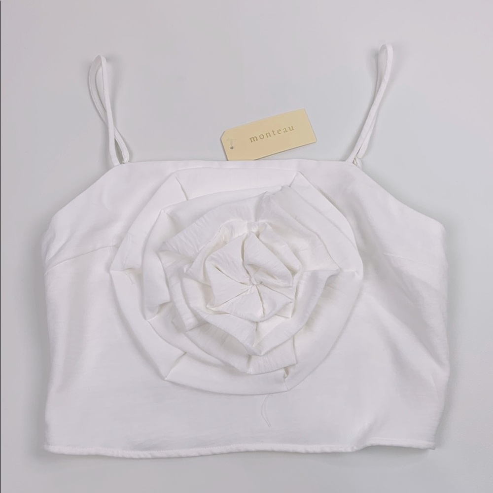 Monteau White Ruffle Floral Crop Tank Top Medium Stretch back Adjustable NWT